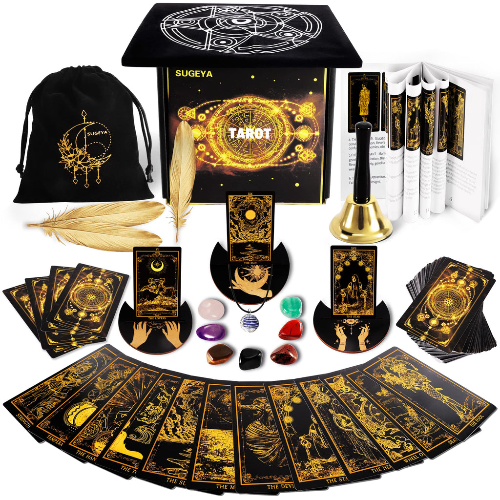 78 Tarot Cards with Guide Book Black Tarot Deck Gift Set with Tarot Cloth Chakra Stones and More Tarot Cards Deck Fortune Telling Game Craft Cardboard for Beginners and Expert Readers