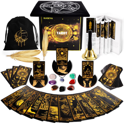 78 Tarot Cards with Guide Book Black Tarot Deck Gift Set with Tarot Cloth Chakra Stones and More Tarot Cards Deck Fortune Telling Game Craft Cardboard for Beginners and Expert Readers