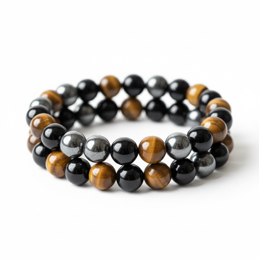 Triple Protection Bracelet featuring hematite, black obsidian and tiger's eye beads on white background